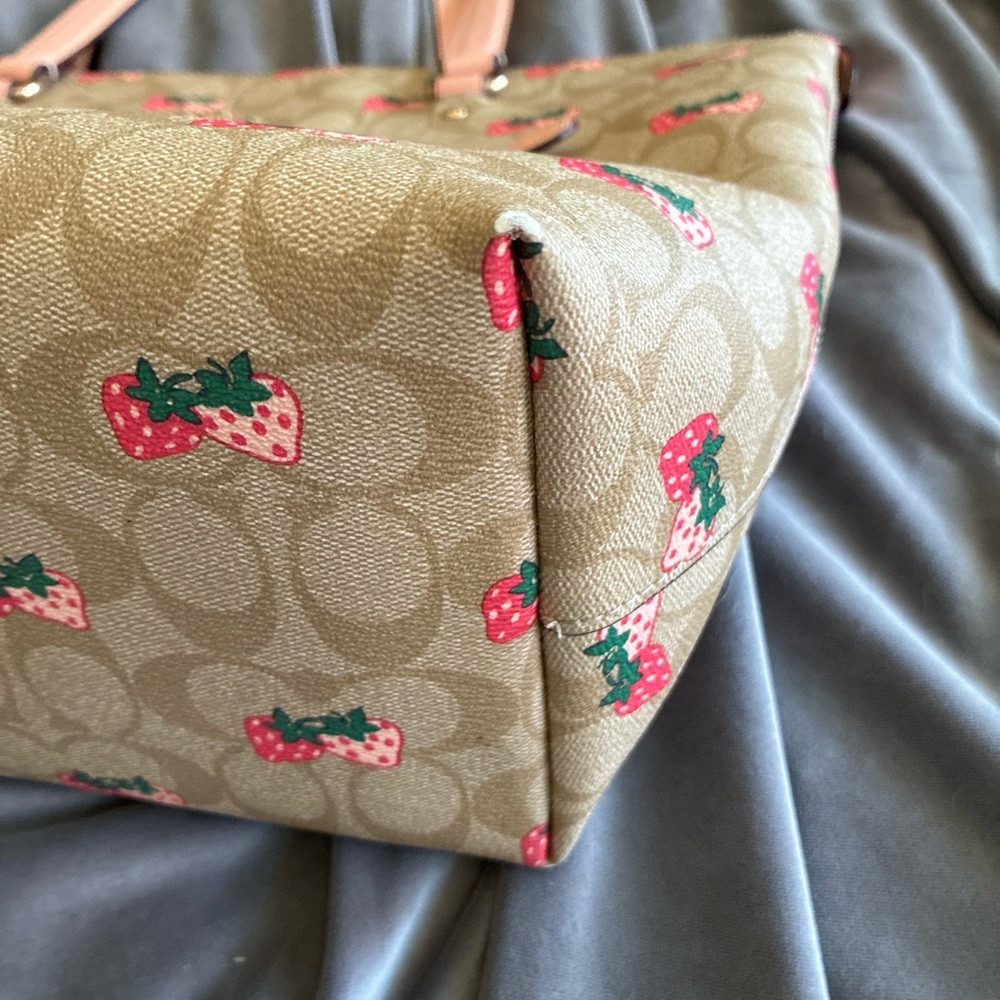 Coach Tan Signature Strawberry Print Tote with Pink Leather Straps - Picture 3 of 6